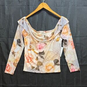 Rebellious Dreamer Mesh Floral Top Womens M Multicolor Rose Cowl Neck Coquette